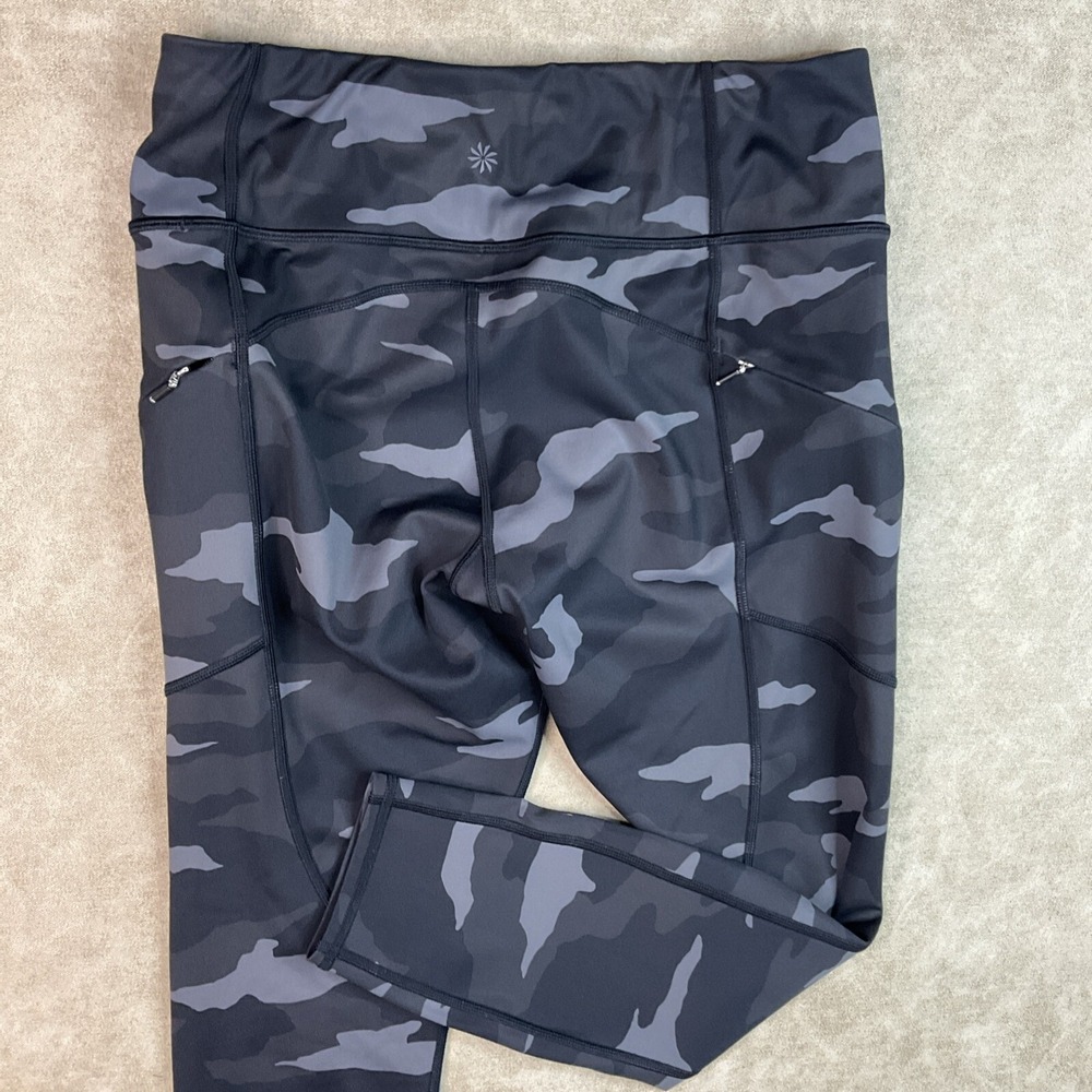Athleta‎ Contender 7/8 Leggings Womens M Black Camo High Rise Zip Pockets 405480